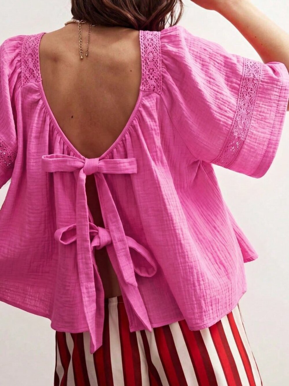 Hot Pink Casual Women's Woven Bow Tie Back Square Neck Embroidery Detail Blouse